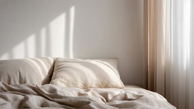 Cozy beige bed with soft pillows and rumpled sheets in natural light