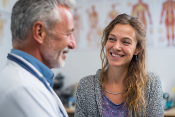 Fototapeta premium Friendly middle-aged male doctor speaking with a young female patient, warm expressions, in a clean medical office 