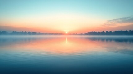 Fototapeta premium Serene sunrise over misty lake; peaceful dawn