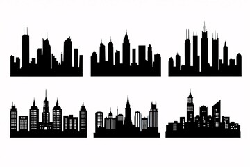 Obraz premium Six Monochrome City Skyline Illustrations: Modern, Minimalist, Urban Design Elements