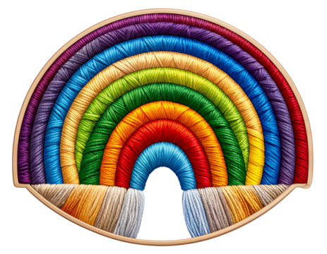 Textured Rainbow Badge, Rough Embroidery Style, Close-up Threads, Isolated on Transparent