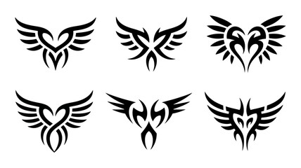 Collection of six tribal wing designs isolated on white background