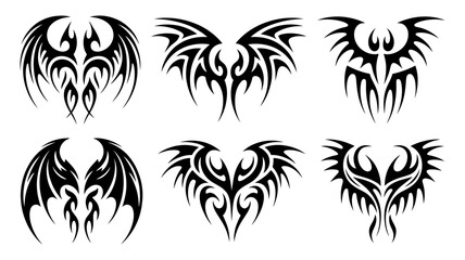 Collection of six tribal wing designs isolated on white background