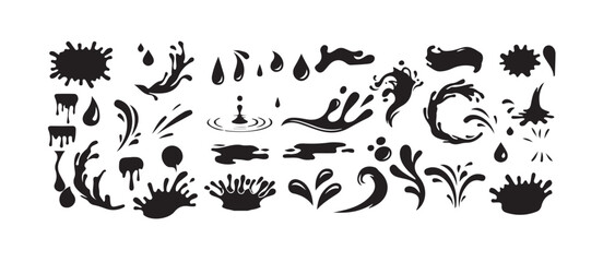 Black Water Splash, Drop, and Wave Silhouettes Elements Pack, Creative Ink Blots Vector Elements, vector illustration eps 10.
