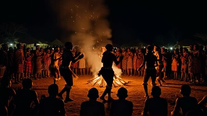 Cultural Dance Around A Vibrant Fire At Night With Traditional Attire And Enthusiastic Performers