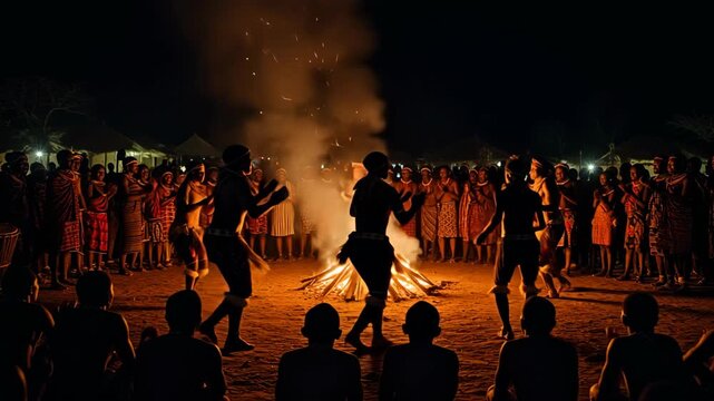 Cultural Dance Around A Vibrant Fire At Night With Traditional Attire And Enthusiastic Performers