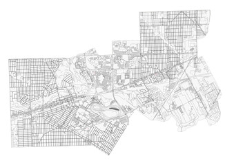 Detailed vector map highlighting the highway network of Dearborn, MI. Features clear road layouts and connections.