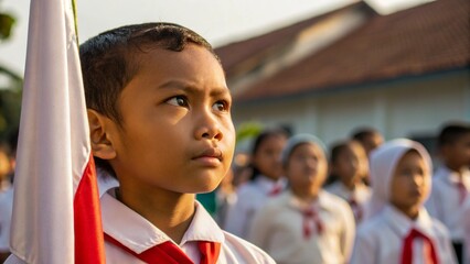 Indonesian Student Standing Still during Flag Ceremony with Focused Expression and Morning Light