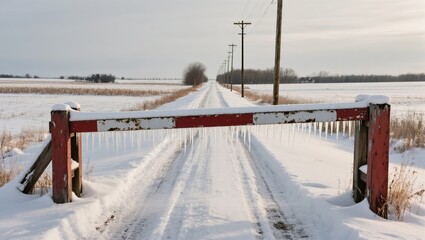 A snow-covered road disappears into the distance, it features an old barrier blocking the path, capturing the quiet solitude of a cold winter landscape.