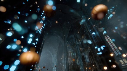 Futuristic cathedral ruins with holographic spheres and lights floating in the air