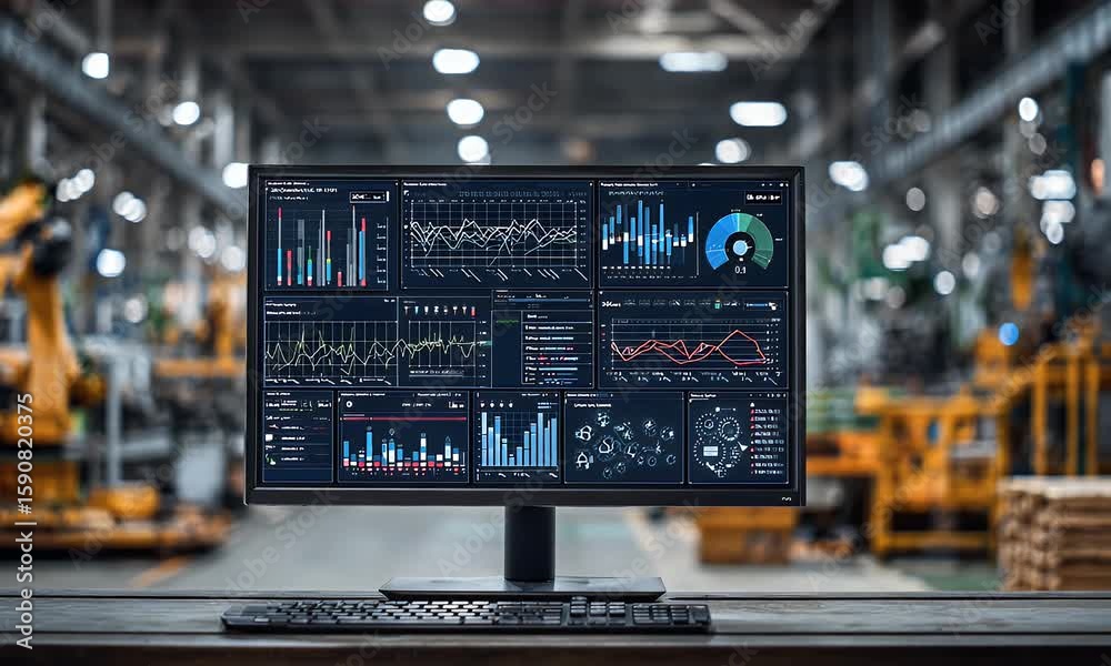 Aufkleber a computer monitor displaying data visualizations and graphs, with an industrial background of machi