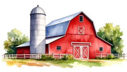 Watercolor painting of a red barn and silo