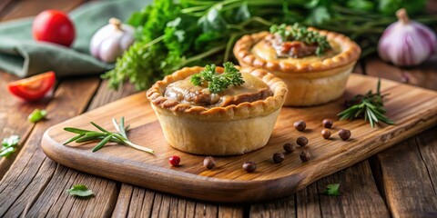 Fototapeta premium Miniature Australian meat pie on a wooden board with rustic tablecloth in a cozy setting