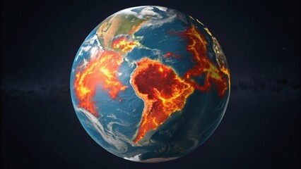 A digitally rendered globe highlighting environmental changes with fiery areas, illustrating climate change and global warming.