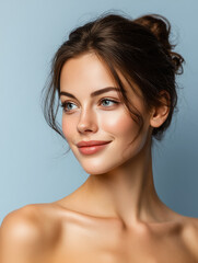 Fototapeta premium Beautiful young woman. Portrait of beauty skincare model with natural make up, isolated on a blue background