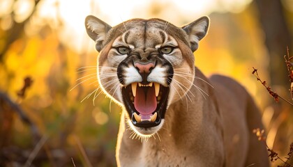 Fierce Cougar Bares Teeth in Autumnal Sunlight with Wildlife Portrait, and Big Cat.