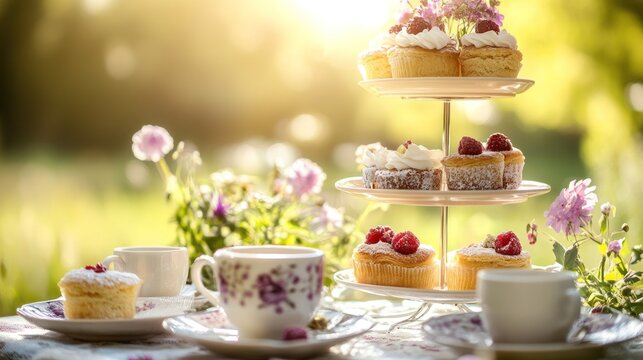 Outdoor tea party with tiered stand of cupcakes, raspberries, and flowers