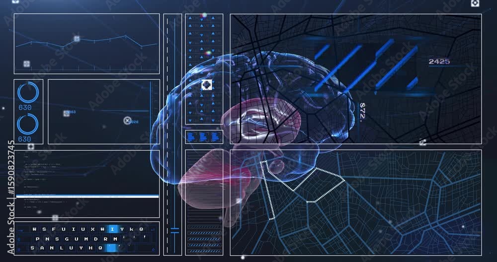 Poster brain model materializing initiating cubes orbiting, map grid forming showing neural connectivity
