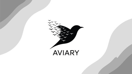 Fototapeta premium A stylized bird logo showcases freedom with smaller birds forming its wing against a soft, wavy background.