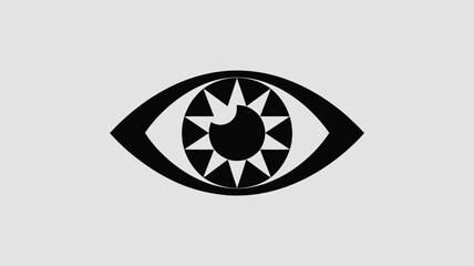 Stylized black eye symbol with starburst iris against a light background offers a striking graphic element for design projects.