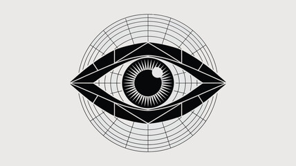 Graphic eye design features a geometric shape inside a circle, conveying vision, perception, and awareness with black shapes on a bright background.