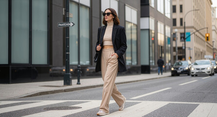 Stylish woman in a blazer and trousers confidently strides across a crosswalk in the city, showcasing chic urban fashion with sunglasses.