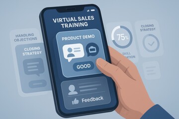 Virtual Sales Training App Interface with Product Demo, Skill Evaluation Score and Feedback Option on Smartphone
