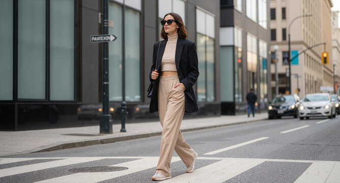 Stylish woman in a blazer and trousers confidently strides across a crosswalk in the city, showcasing chic urban fashion with sunglasses.