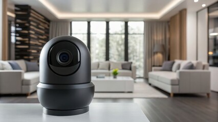 A sleek black security camera positioned in a modern living room with stylish furnishings and large windows, showcasing a blend of technology and comfort.