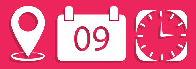 Time, date, location or place icons symbol. Time, date and address icon.  Clock, pin map location, and calendar signs set. Business schedule icons clock calendar. eps 10