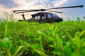 Black military helicopter nestled in vibrant green grass, sunset sky