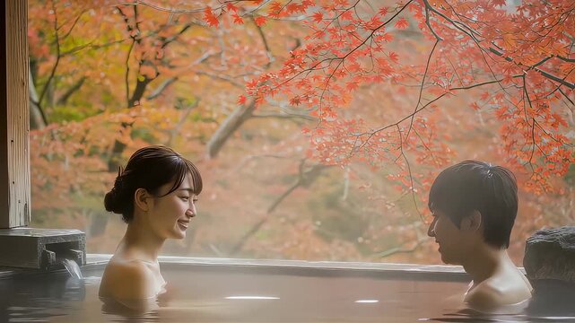 鮮やかな紅葉を見渡せる、露天風呂に入っているカップル