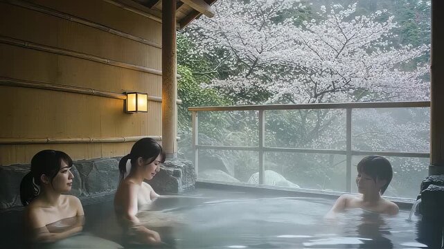 桜が見える温泉につかる、女性3人