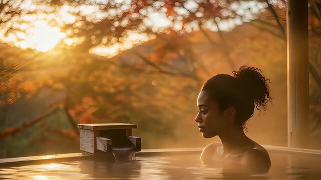 夕焼けの逆光の中、紅葉の見渡せる露天風呂につかる外国人女性
