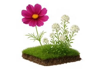 Pink cosmos and white lobularia maritima flowers growing on a grass patch with soil and transparent background