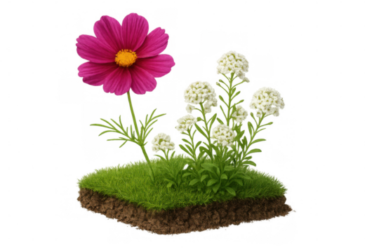 Pink cosmos and white lobularia maritima flowers growing on a grass patch with soil and transparent background