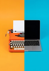 A split view of a typewriter and laptop shows technology evolution