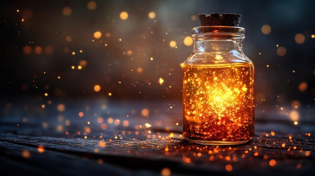 Sparkling golden elixir in glass bottle