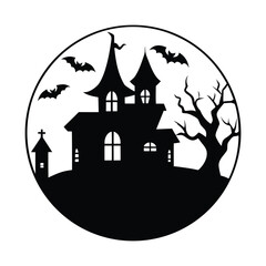 Haunted House Halloween Silhouette Scene Spooky Vector with Ghosts and Full Moon