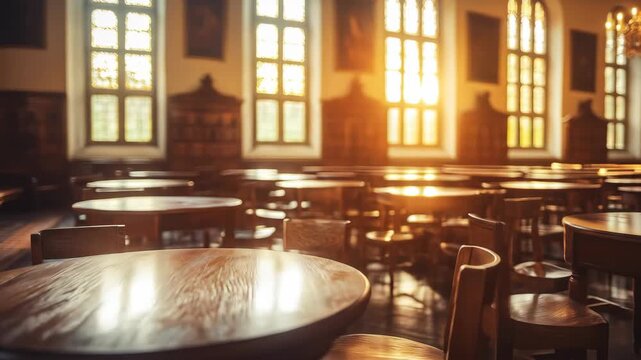 Sunlit wood tables in grand room