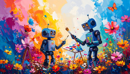 Two Robots Painting in a Vibrant Flower Field