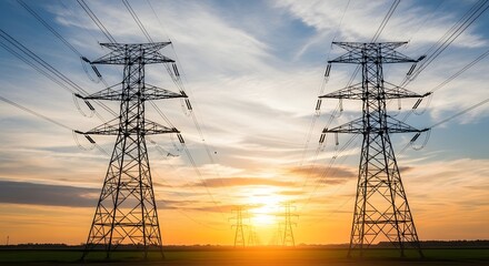 Silhouette of electricity pylons against a vibrant sunset sky, symbolizing energy transmission and infrastructure against the backdrop of twilight.