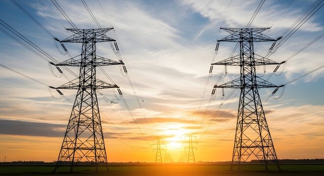 Silhouette of electricity pylons against a vibrant sunset sky, symbolizing energy transmission and infrastructure against the backdrop of twilight.