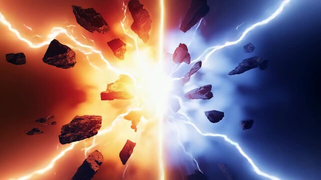 Destructive Sci-Fi Explosion of Fire and Ice Elements Colliding