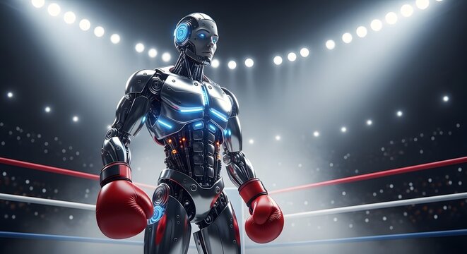 Futuristic Robot Boxer: A sleek, metallic humanoid robot stands ready in a boxing ring, illuminated by bright spotlights. Strength meets tech.
