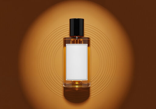 Elegant amber perfume bottle mockup with blank label under a spotlight on a textured brown background, 3D rendering