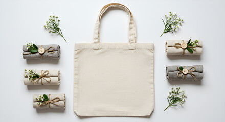 Blank canvas tote bag surrounded by rolled fabric and small white flowers, showcasing eco-friendly products.