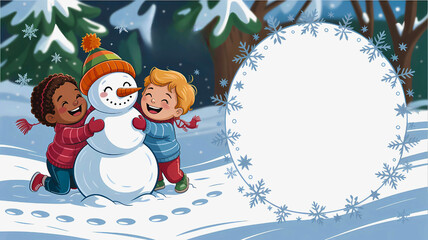 Two happy children hug a snowman in a snowy winter forest with a blank circular frame