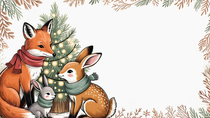 Three cute woodland animals wearing scarves gather near a decorated christmas tree