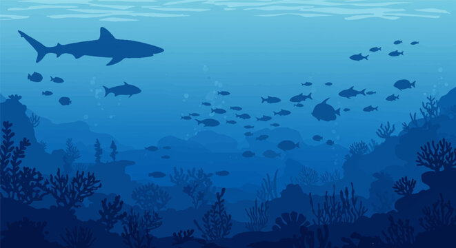 Expansive Underwater Ocean Scene with Silhouetted Marine Life, Coral, and Shark in Monochromatic Blue – Flat Vector Illustration